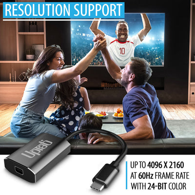 UPTab USB-C to Mini DisplayPort Adapter – Graphite in use, connecting a laptop to an external monitor with 4K HDR support for vibrant visuals.