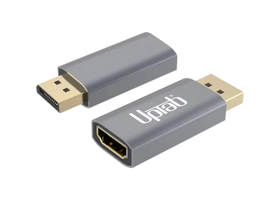 Two gray DisplayPort to HDMI 2.1 adapter cables with gold-plated connectors, shown on a clean white background. One adapter displays the white 'UplaB' brand logo.