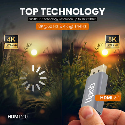 A hand holds a gray UPTab HDMI 2.1 DisplayPort adapter in the foreground, with a split-screen comparison showing 4K and 8K Ultra HD video quality over a grassy sunset landscape.